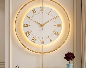Gold Metal Wall Clock Large LED, Light Up Modern Spiral, Unique Oversized Decorative Art, Silent Unusual Backlit Timepiece,