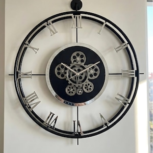 Oversized Black Moving Gear Metal Wall Clock, New Home Gift, Modern, Silent, Unique, Decorative Wall Art, Living Room Decor
