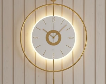 Oversized Gold Metal Wall Clock, Modern LED Spiral Art, Silent Backlit Timepiece