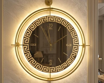 Oversized Gold Metal Wall Clock, Modern Spiral LED Art, Silent Backlit Timepiece