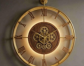 Oversized Gold Gear Wall Clock, Large Roman Numeral Clock, Rustic Industrial Decor
