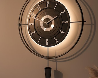 Large Black Metal LED Wall Clock, Modern Backlit Timepiece, Silent Non Ticking