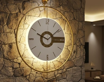 Large Gold Metal Wall Clock, Modern LED Spiral Art, Silent Backlit Timepiece