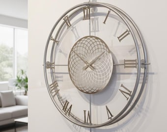 Oversized Silver Metal LED Wall Clock, Modern Silent Art Decor