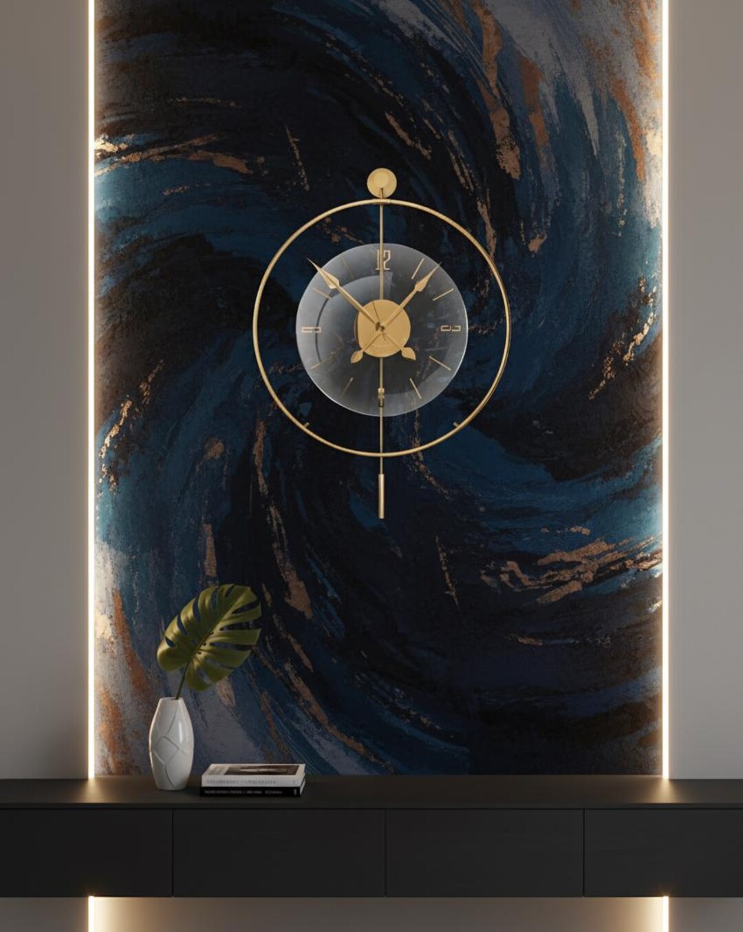 Metal Wall Clock Large, Gold Modern Spiral, Unique Oversized Decorative ...