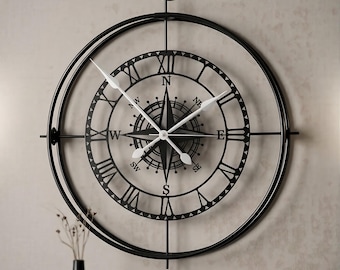 Oversized Compass Metal Wall Clock, Black Beige Nautical Roman Numeral Decor