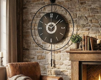 Black Metal Wall Clock Large LED, Light Up Modern Spiral, Unique Oversized Decorative Art, Silent Unusual Backlit Timepiece,