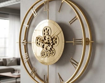 Reloj de pared grande de metal dorado, engranajes modernos en espiral, pieza de arte decorativa de gran tamaño.