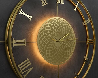 Gold Metal Wall Clock Large LED, Light Up Modern Spiral, Unique Oversized Decorative Art, Silent Unusual Backlit Timepiece,