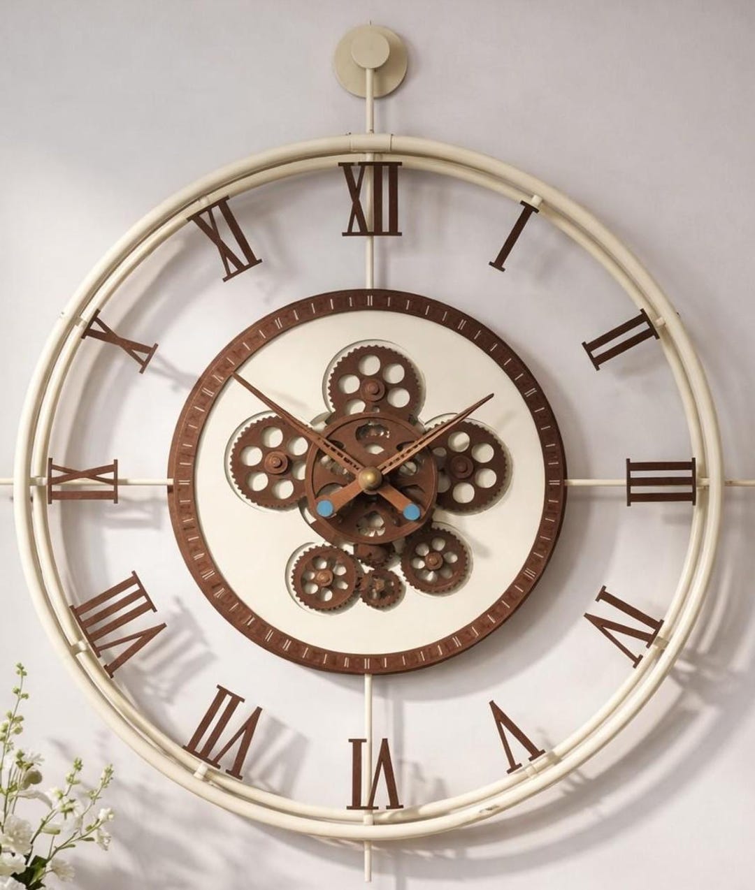 Large Metal Wall Clock - Moving Gear Mechanical Matte Creamindustrial ...