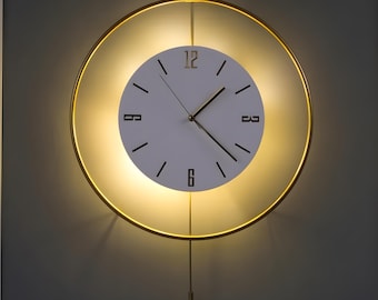 Oversized Gold LED Wall Clock, Silent Backlit Metal Art