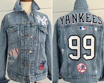 Custom Sports Denim Jean Jacket | Custom Denim Jacket| NY Yankees Baseball | Number Jean jacket | Jean jacket jersey |