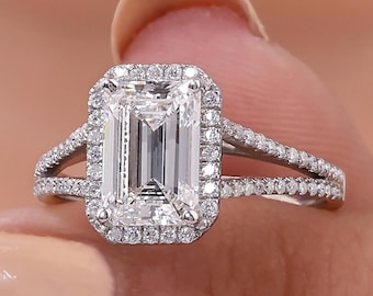 2 CT Lab Grown Diamond Emerald Cut 14K Gold Halo Engagement Ring