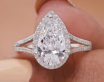 Lab Grown Pear Diamond Engagement Ring: Halo Pave Split Shank Solid Gold