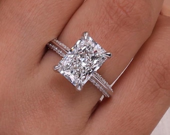 Radiant Cut Lab Grown Diamond Solitaire Engagement Ring: 14K Gold Pave Band