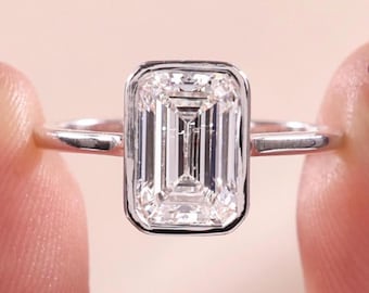 Emerald Cut Lab Grown Diamond Bezel Set Solitaire Engagement Ring: 14K Gold IGI Certified
