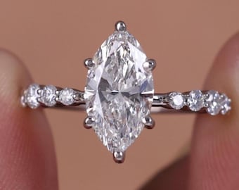 4 CT Lab Grown Marquise Cut Diamond Solitaire Engagement Ring: 14K Gold Side Stone