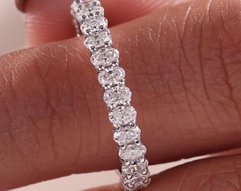 3mm Oval Cut Lab Grown Diamond Half Eternity Band, 14k Gold or Silver Wedding Ring