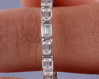 East West Emerald cut Lab Grown Diamond Bezel Set Half Eternity Band: 10K Gold Wedding Ring