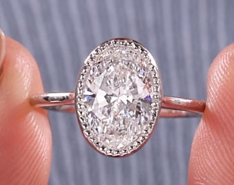 10K Gold Oval Cut Lab Grown Diamond Milgrain Bezel Set Solitaire Engagement Ring