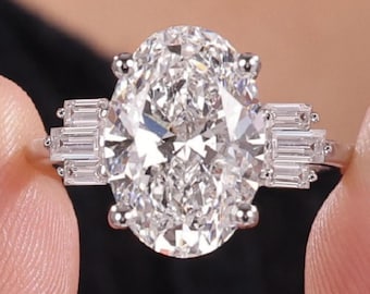 Oval Cut Lab Grown Diamond Vintage Style Engagement Ring: 14k Gold Baguette Side Stone Wedding Jewelry