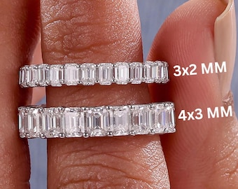 Emerald Cut Lab Grown Diamond Half Eternity Band, 10K Gold Stackable U Prong Wedding Ring