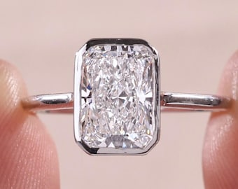 Radiant Cut Lab Grown Diamond Bezel Set Solitaire Engagement Ring: 14K Gold Wedding Ring