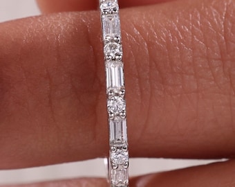 2mm Baguette and Round Cut Lab Grown Diamond Alternating Half Eternity Band: 10k Gold Wedding Ring