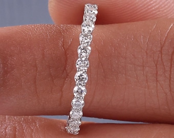 2mm Round Cut Lab Grown Diamond Half Eternity Band, 14k Gold or Silver Wedding Ring