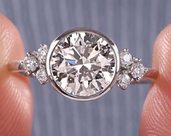 Round Cut Lab Grown Diamond Bezel Set Vintage Inspired Engagement Ring: 14K Gold Side Stone