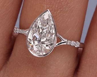 Pear Shaped Lab Grown Diamond Bezel Set Engagement Ring: 14K Gold Split Shank Teardrop Solitaire
