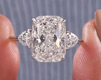 Elongated Cushion Cut Lab Grown Diamond 3 Stone Engagement Ring: 14K Gold Past Present Future