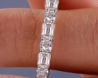 Emerald and Round Lab Grown Diamond Alternating Half Eternity Band: 10K Gold MultiStone Art Deco Wedding Ring