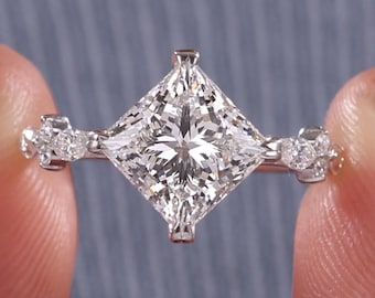 Kite Set Princess Cut Lab Grown Diamond Engagement Ring: 14K Gold Side Stone Art Deco