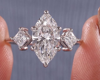 Lab Grown Marquise Cut Diamond 3 Stone Engagement Ring 14K Gold: Past Present Future Side Stone