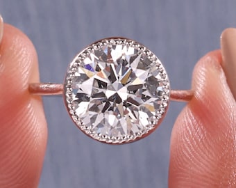 Round Cut Lab Grown Diamond Milgrain Bezel Set Engagement Ring: 10K Gold IGI Certified Solitaire