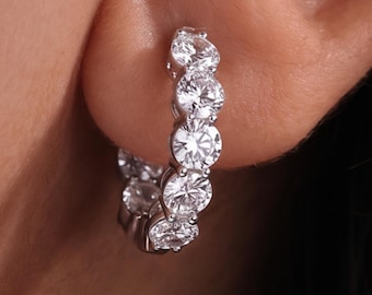 4mm Round Cut Lab Grown Diamond Inside Out 13mm Hoops: 10K Gold Bridal Wedding Earrings