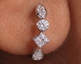 Lab Grown Marquise, Round, Princess, Pear Mixed Cut Bezel Set Huggie Hoops: 10K Gold 10mm Wedding Earrings