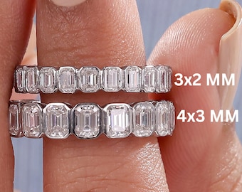 Emerald Cut Lab Grown Diamond Bezel Set Half Eternity Band: 14k Gold Wedding Ring