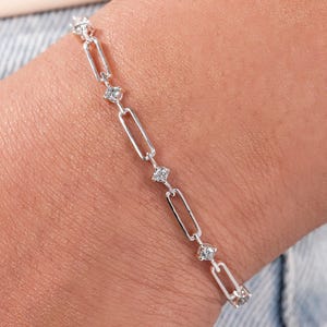 Lab Grown Round Diamond Paperclip Link Bracelet Gold, Station Stacking