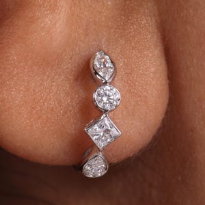 Lab Grown Marquise, Round, Princess, Pear Mixed Cut Bezel Set Huggie Hoops: 10K Gold 10mm Wedding Earrings