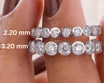 Round Cut Lab Grown Diamond Bezel Set Half Eternity Band: Dainty 10k Gold Wedding Ring
