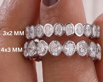 Oval Cut Lab Grown Diamond Bezel Set Half Eternity Wedding Ring: 18K Gold Stacking Band