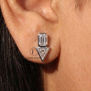 Lab Diamond Triangle and Emerald Mixed Cut Bezel Studs, 14K Gold Art Deco Earrings