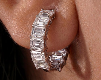 East West Emerald Cut Lab Grown Diamond Inside Out Hoops: 13mm 14K Gold Bridal Wedding Earrings