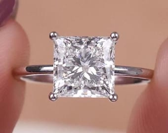 Princess Cut Lab Grown Diamond 14k Solid Gold Hidden Halo Engagement Ring