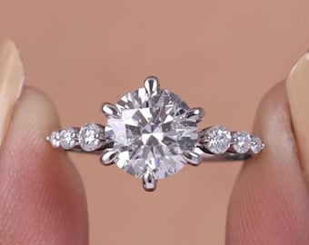 Round Cut Lab Grown Diamond Side Stone Engagement Ring: 6 Prongs IGI Certified Solitaire