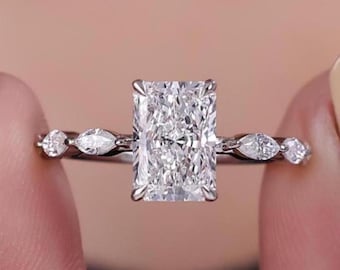 Radiant Cut Lab Grown Diamond Solitaire Engagement Ring, Marquise Side Stone Proposal Ring