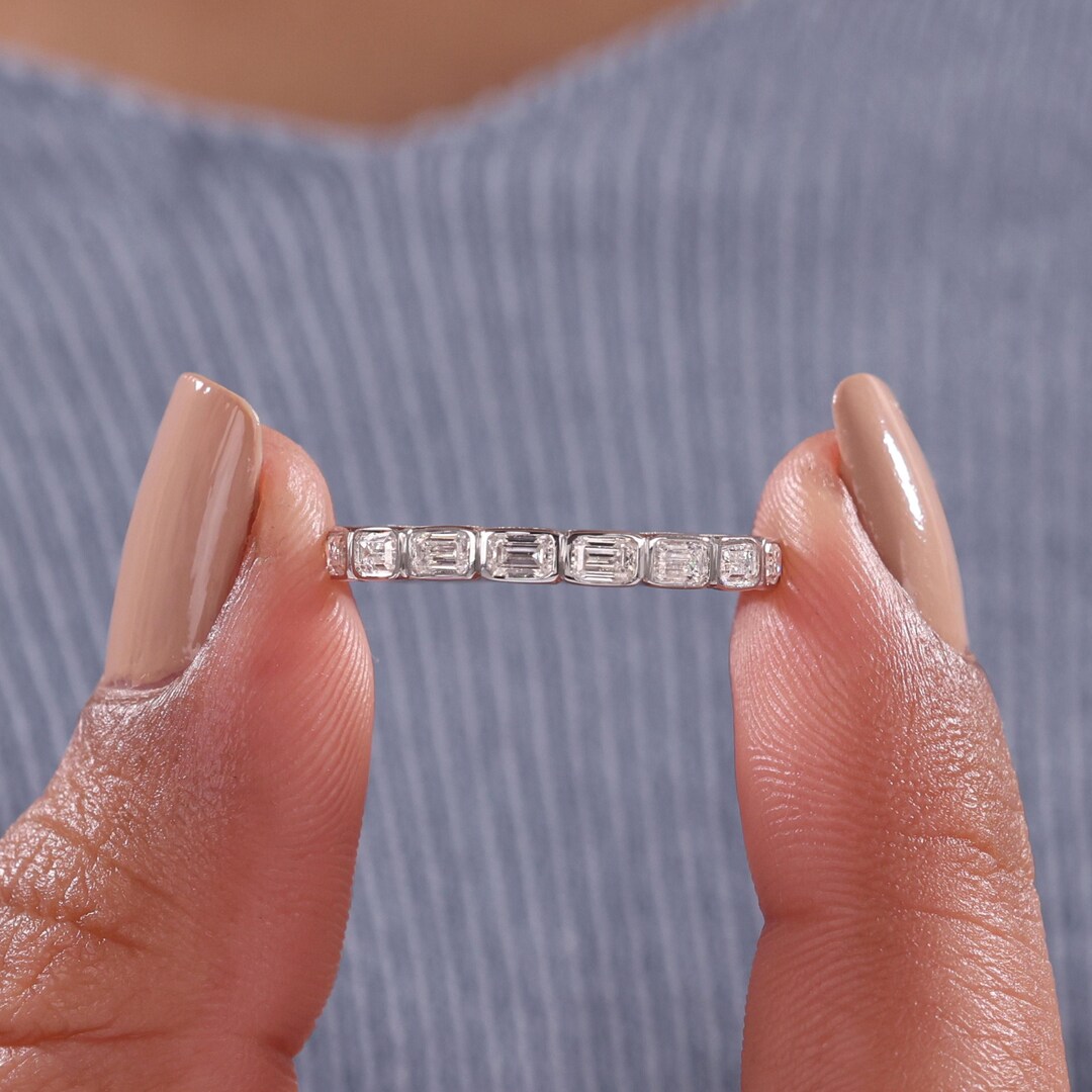 East West Emerald Cut Lab Grown Diamond Bezel Set Full Eternity Ring ...