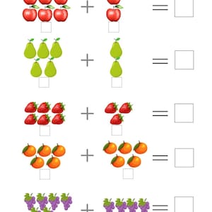 May include: A worksheet with fruit illustrations for a math exercise. The text at the top reads "COUNT. SUN AND CIRCLE THE CORRECT NUMBER." The worksheet includes apples, pears, strawberries, oranges, and grapes for addition problems.